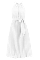 Pleated Spaghetti Strap Tie Waist Midi Dress - Tevqa
