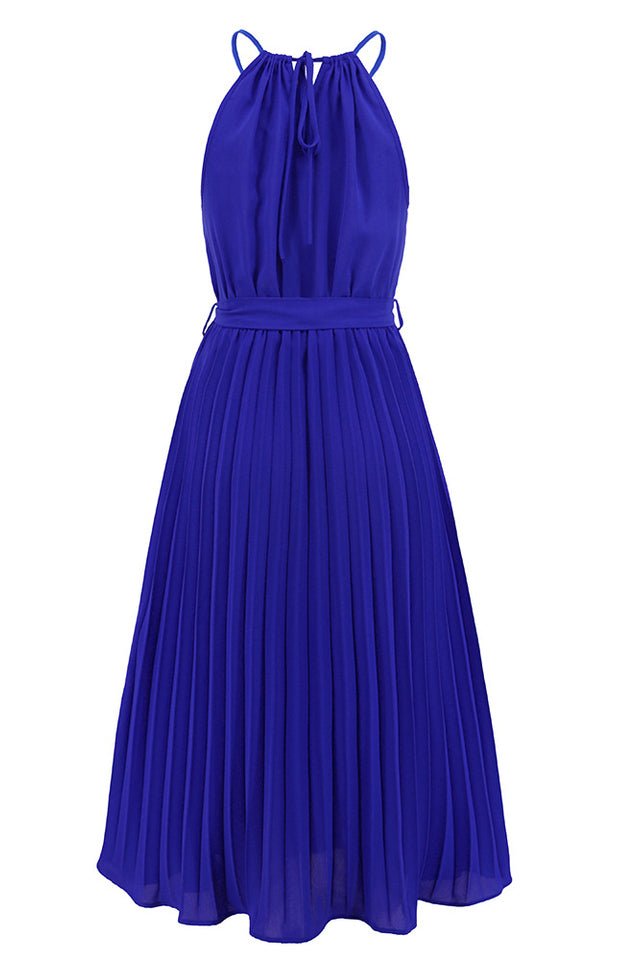 Pleated Spaghetti Strap Tie Waist Midi Dress - Tevqa
