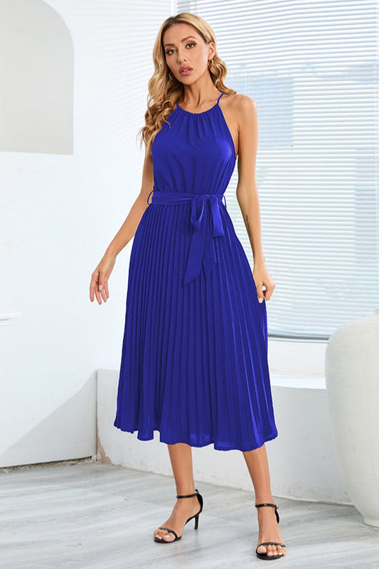 Pleated Spaghetti Strap Tie Waist Midi Dress - Tevqa