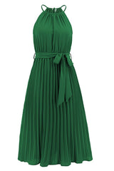 Pleated Spaghetti Strap Tie Waist Midi Dress - Tevqa