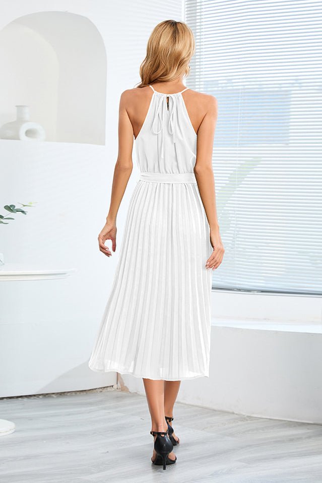 Pleated Spaghetti Strap Tie Waist Midi Dress - Tevqa