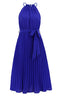 front view of a blue pleated halter dress with a tie waist