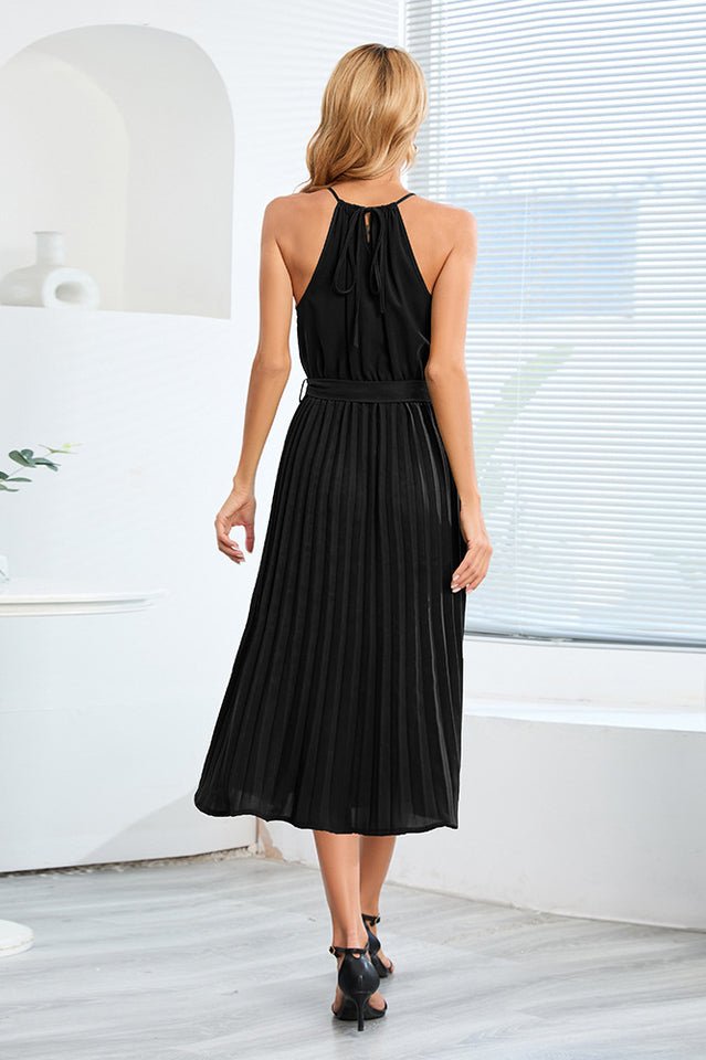Pleated Spaghetti Strap Tie Waist Midi Dress - Tevqa