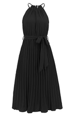 Pleated Spaghetti Strap Tie Waist Midi Dress - Tevqa