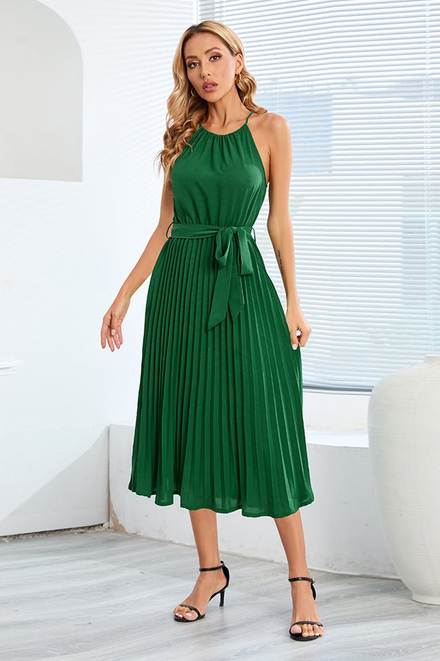 Pleated Spaghetti Strap Tie Waist Midi Dress - Tevqa