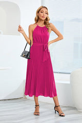 Pleated Spaghetti Strap Tie Waist Midi Dress - Tevqa