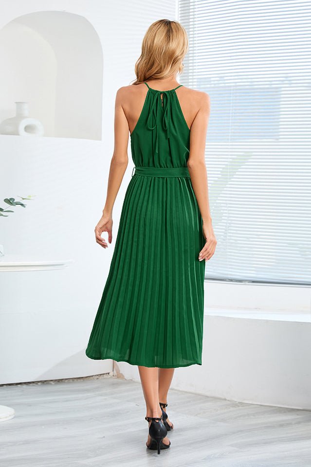 Pleated Spaghetti Strap Tie Waist Midi Dress - Tevqa