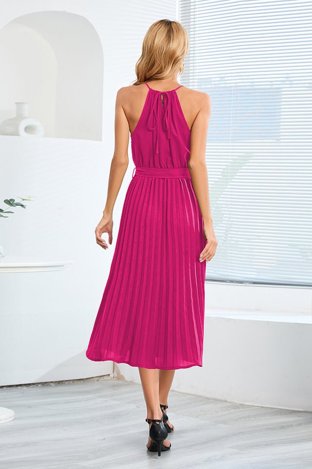 Pleated Spaghetti Strap Tie Waist Midi Dress - Tevqa