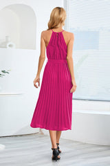Pleated Spaghetti Strap Tie Waist Midi Dress - Tevqa