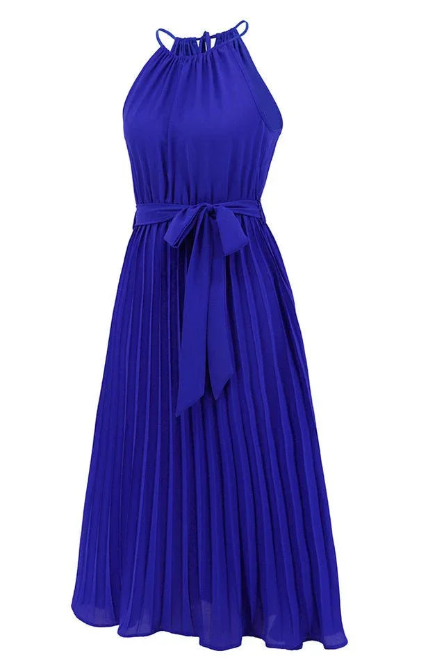 close-up of the waist tie on a blue pleated halter dress