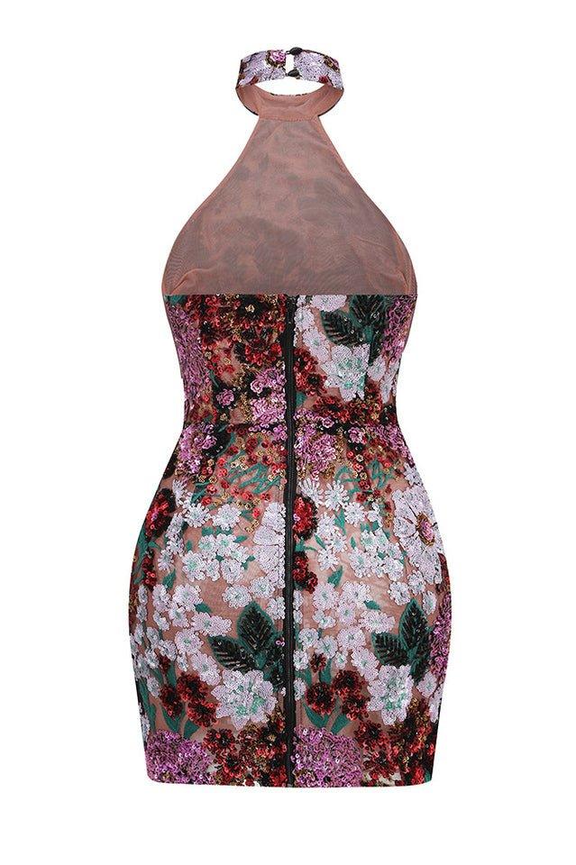 Sequined floral mini dress with halter neckline - View 7 | TEVQA