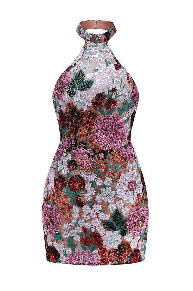 Sequined floral mini dress with halter neckline - View 6 | TEVQA