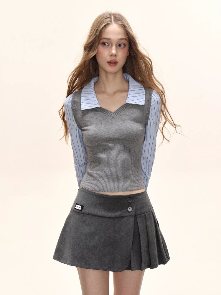 Preppy Fake Two - Piece Knit Contrast Striped Shirt - TEVQA
