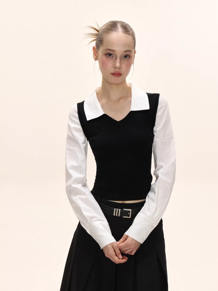 Preppy Fake Two - Piece Knit Contrast Striped Shirt - TEVQA