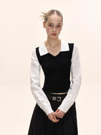Preppy Fake Two - Piece Knit Contrast Striped Shirt - TEVQA