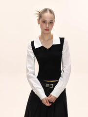 Preppy Fake Two - Piece Knit Contrast Striped Shirt - TEVQA
