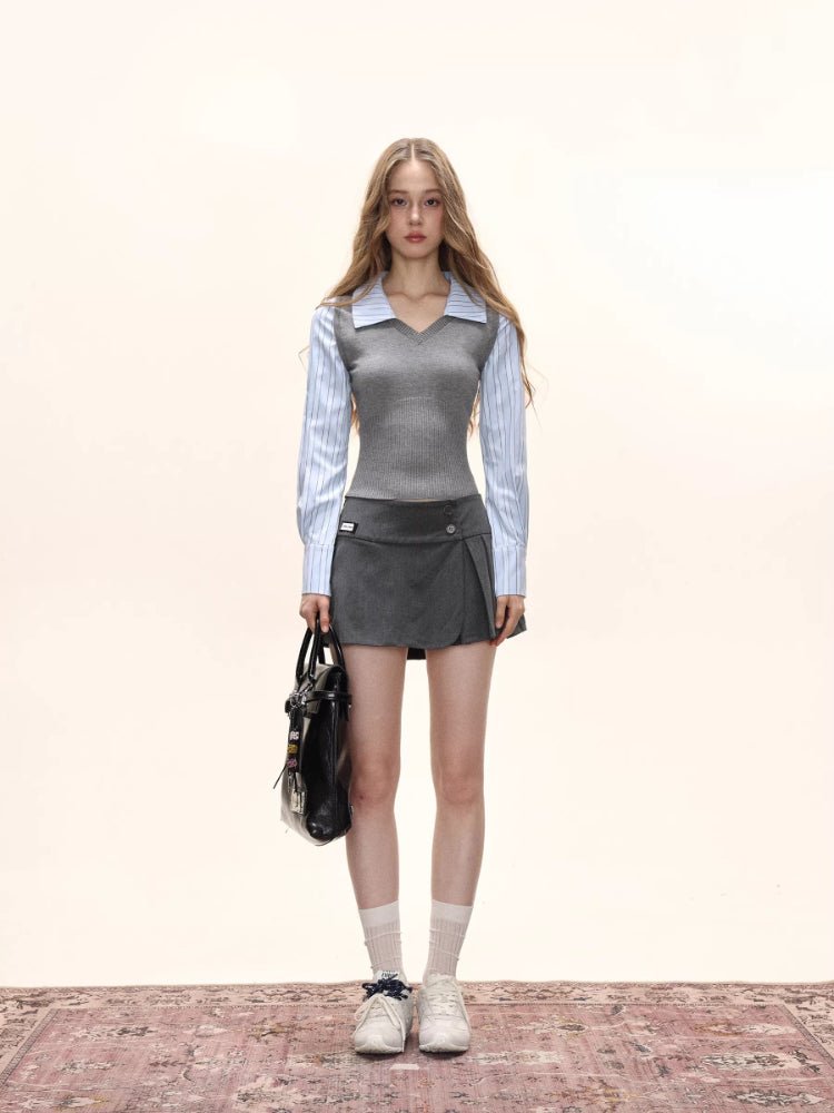 Preppy Fake Two - Piece Knit Contrast Striped Shirt - TEVQA