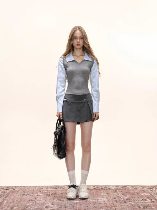 Preppy Fake Two - Piece Knit Contrast Striped Shirt - TEVQA