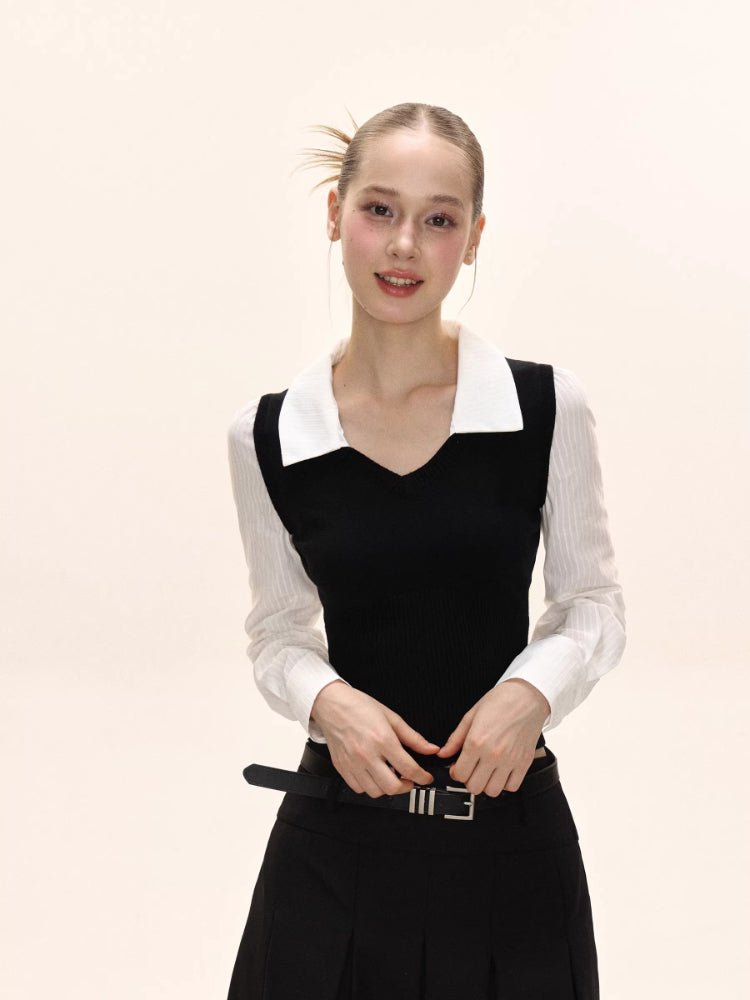 Preppy Fake Two - Piece Knit Contrast Striped Shirt - TEVQA