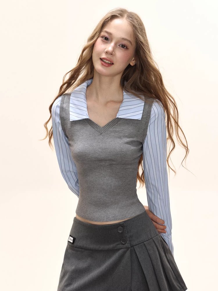 Preppy Fake Two - Piece Knit Contrast Striped Shirt - TEVQA