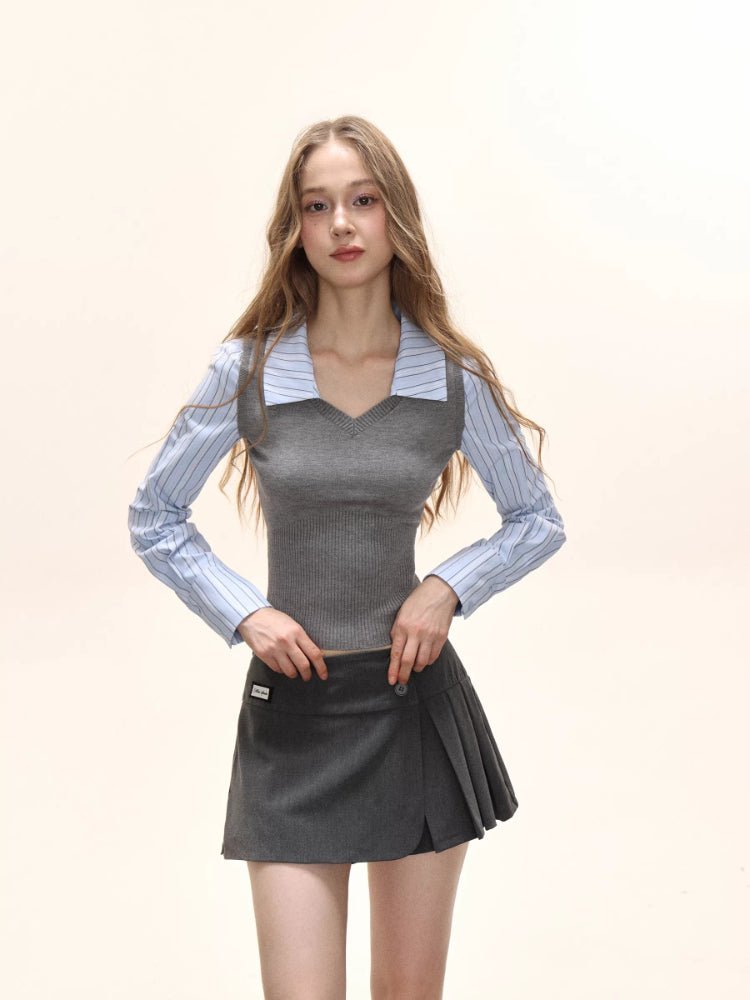 Preppy Fake Two - Piece Knit Contrast Striped Shirt - TEVQA