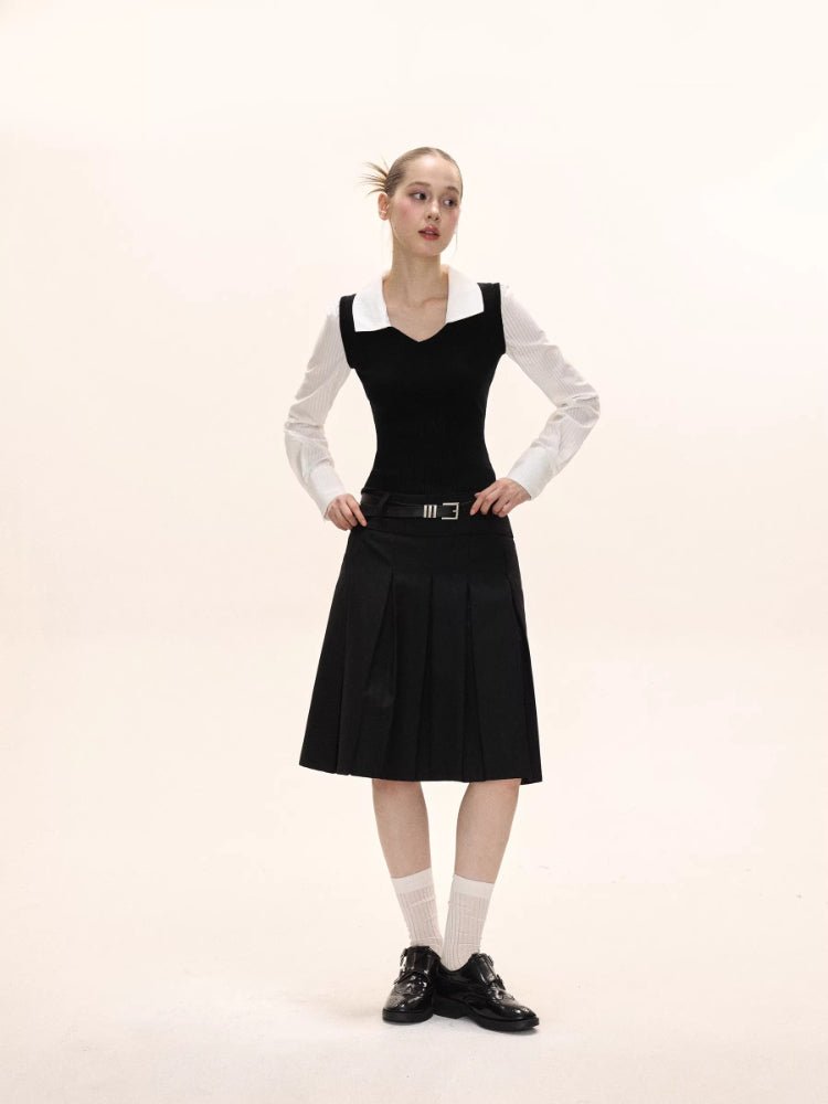 Preppy Fake Two - Piece Knit Contrast Striped Shirt - TEVQA