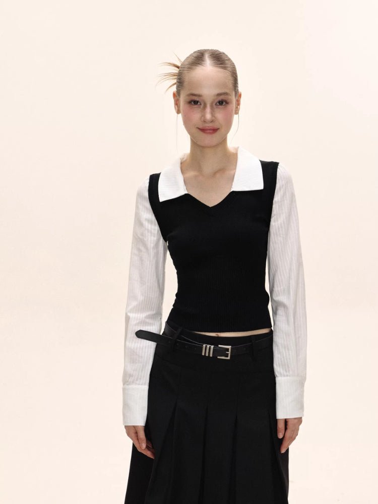 Preppy Fake Two - Piece Knit Contrast Striped Shirt - TEVQA