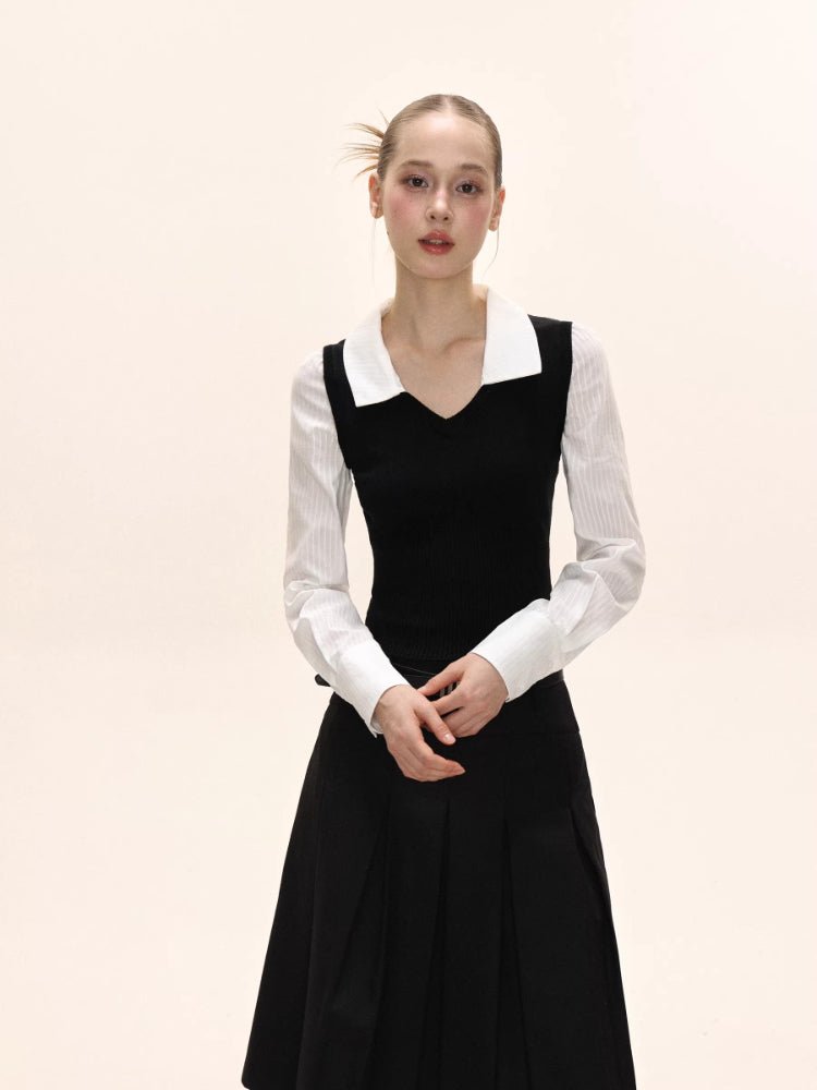 Preppy Fake Two - Piece Knit Contrast Striped Shirt - TEVQA