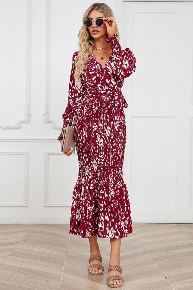 Printed V Neck Smocked Midi Dress - Tevqa