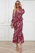 Printed V Neck Smocked Midi Dress - View 14 | TEVQA