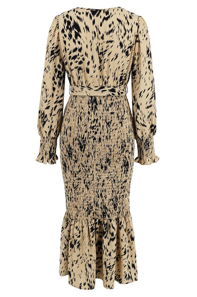 Printed V Neck Smocked Midi Dress - Tevqa