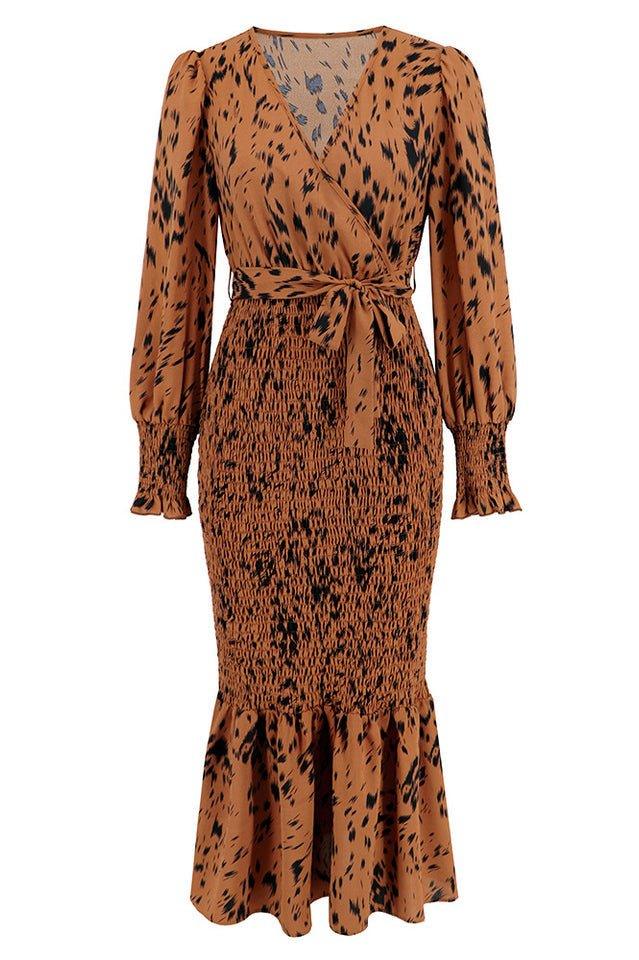 Product shot of a long-sleeved, brown and black animal print midi dress with a v-neck, tie waist, and ruffled hem.