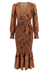 Printed V Neck Smocked Midi Dress - Tevqa