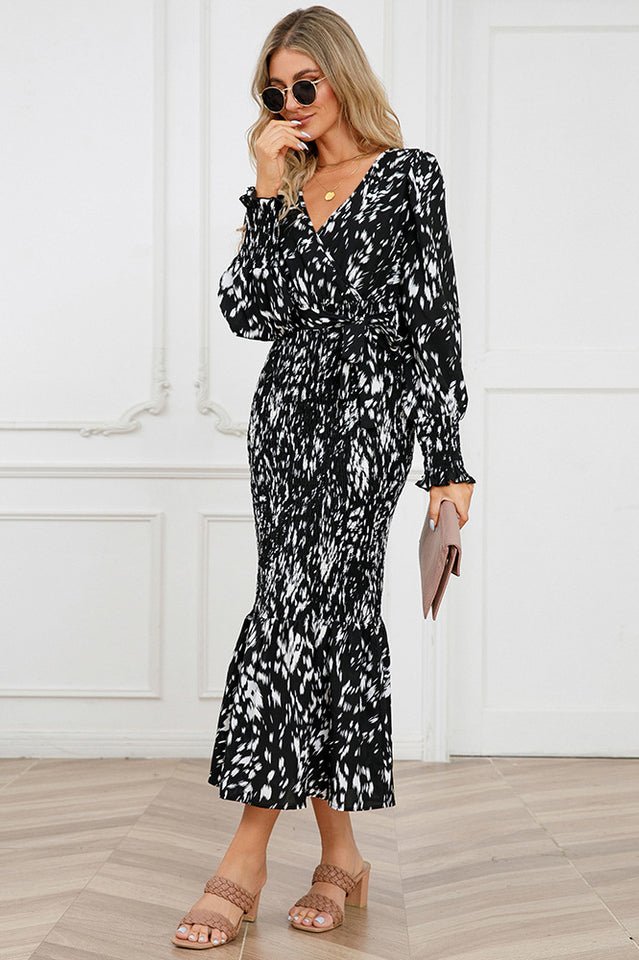 Printed V Neck Smocked Midi Dress - Tevqa