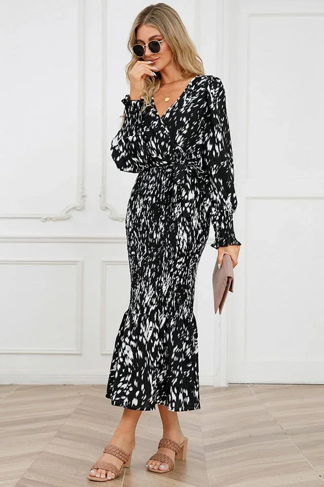 Printed V Neck Smocked Midi Dress - View 8 | TEVQA