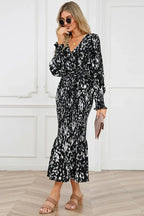 Printed V Neck Smocked Midi Dress - View 8 | TEVQA