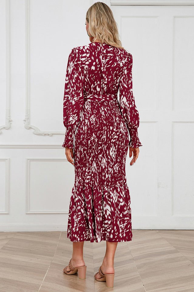 Printed V Neck Smocked Midi Dress - Tevqa