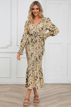Printed V Neck Smocked Midi Dress - View 20 | TEVQA
