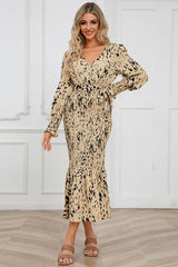 Printed V Neck Smocked Midi Dress - Tevqa