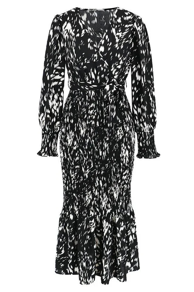 Printed V Neck Smocked Midi Dress - View 10 | TEVQA