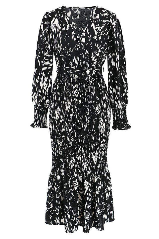 Printed V Neck Smocked Midi Dress - Tevqa