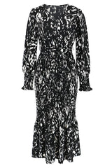 Printed V Neck Smocked Midi Dress - Tevqa