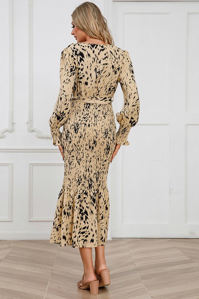 Printed V Neck Smocked Midi Dress - Tevqa