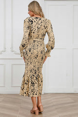 Printed V Neck Smocked Midi Dress - Tevqa