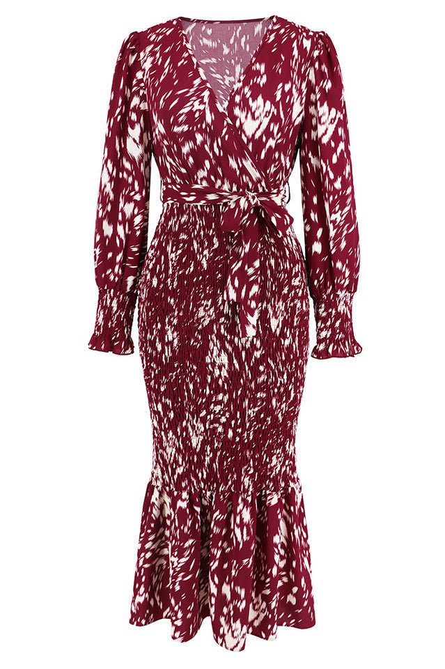 Printed V Neck Smocked Midi Dress - Tevqa