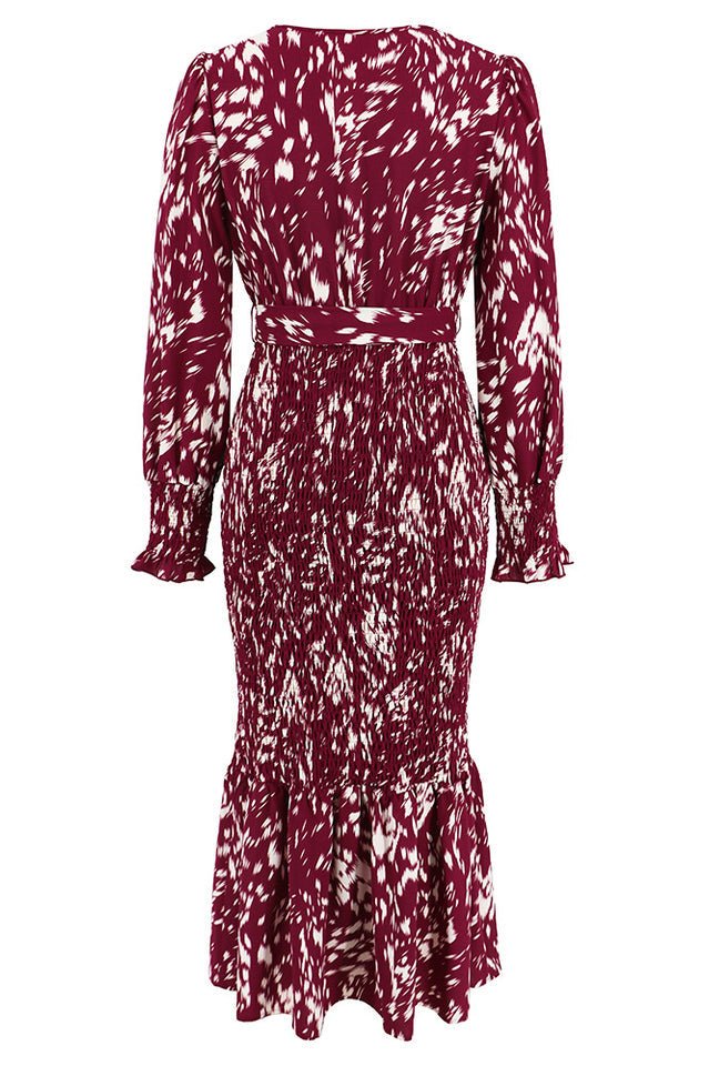 Printed V Neck Smocked Midi Dress - Tevqa