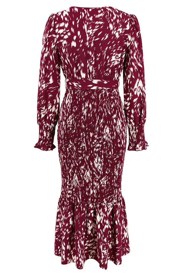 Printed V Neck Smocked Midi Dress - View 18 | TEVQA