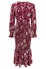 Printed V Neck Smocked Midi Dress - Tevqa
