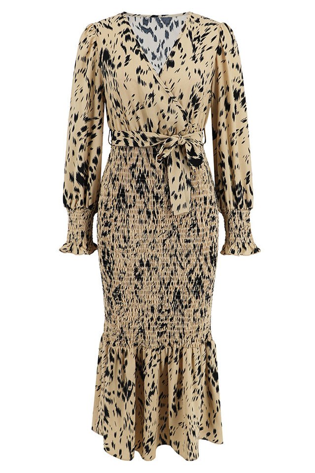 Printed V Neck Smocked Midi Dress - Tevqa