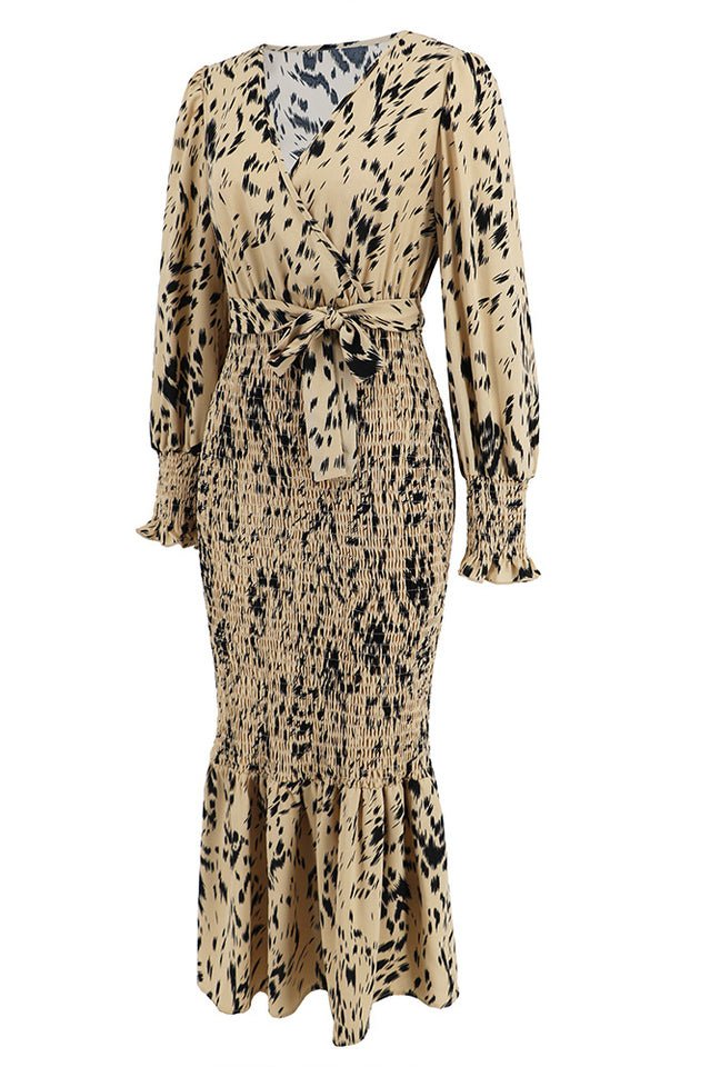 Printed V Neck Smocked Midi Dress - Tevqa